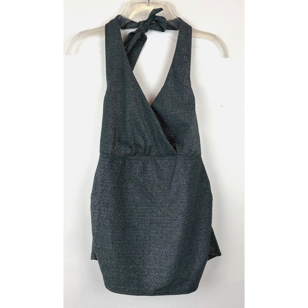 Lands End Tankini Swim Top Womens Medium Green Shimmer Halter Tie Vacation New